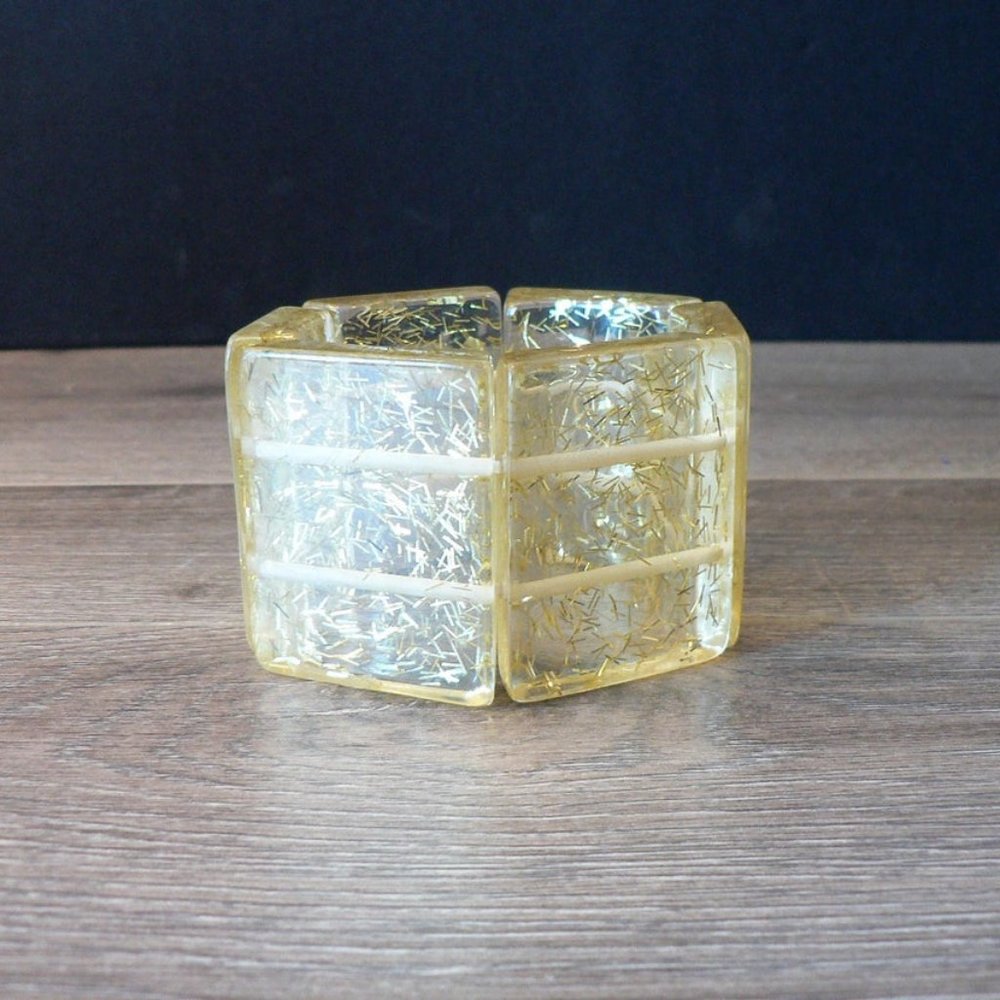 Vtg Gold Confetti Stretch Panel Lucite Bracelet